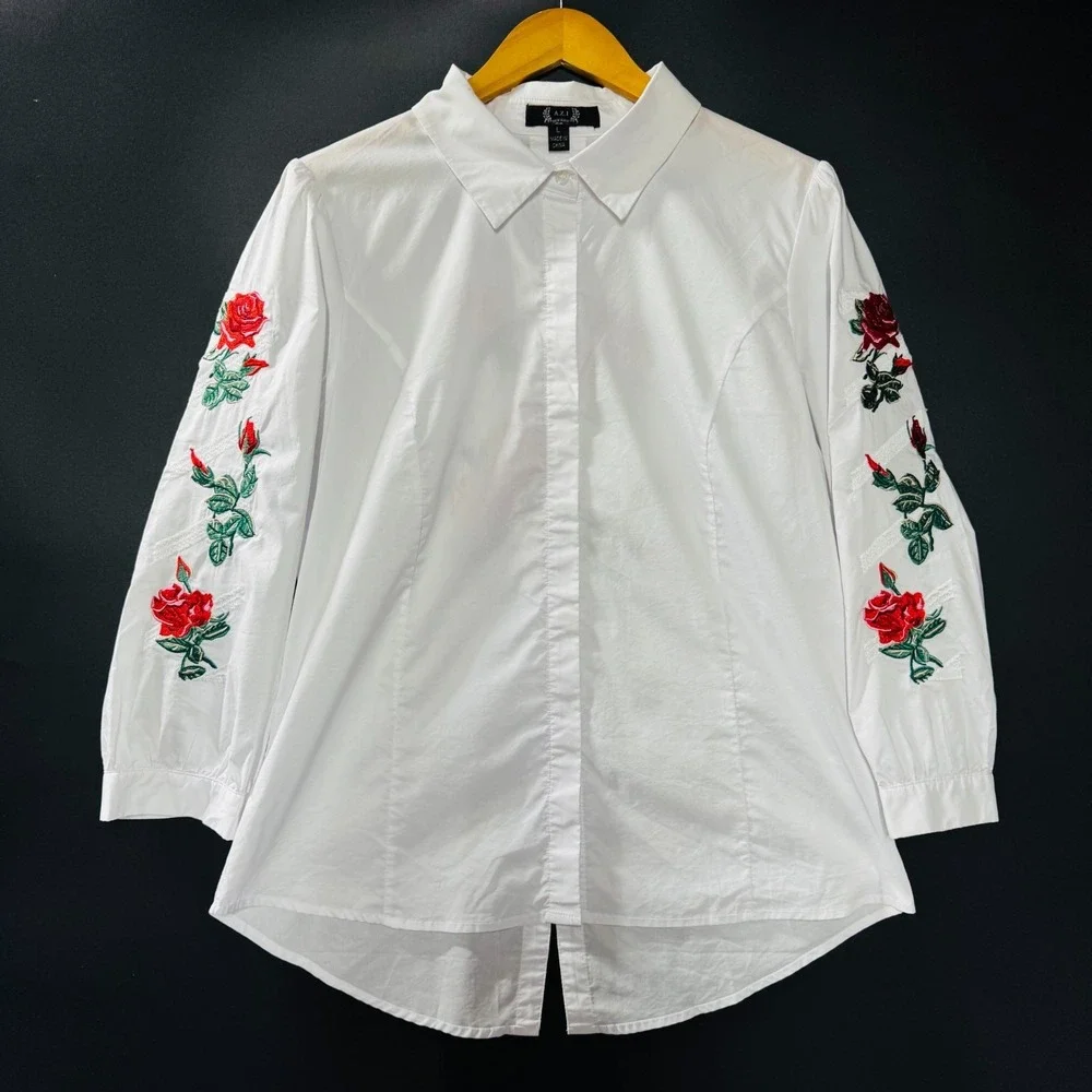 A.Z.I New York Women's Top L White Embroidered Floral Button Up Blouse - Picture 1 of 12